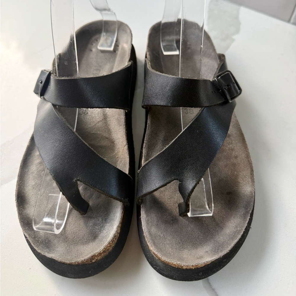 Mephisto Black Leather Buckle Strap Sandals